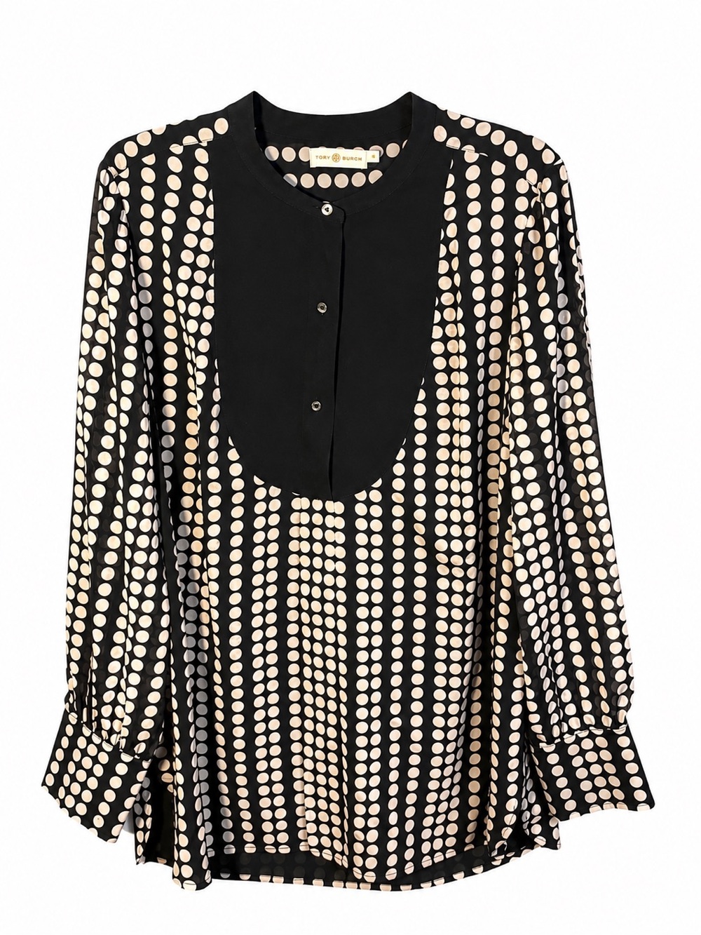 Tory Burch Silk Polka Dot Bib Blouse Womens 14 Black